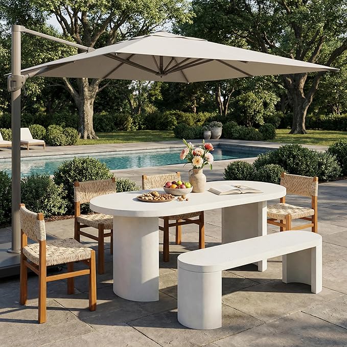 Christopher Knight Home Duro 6-Piece Outdoor Dining Set, Terrazzo Concrete Dining Table and Bench with 4 Acacia Wood Wicker Chairs, Patio Dining Table Set for Garden/Backyard, Light Grey+Teak+White