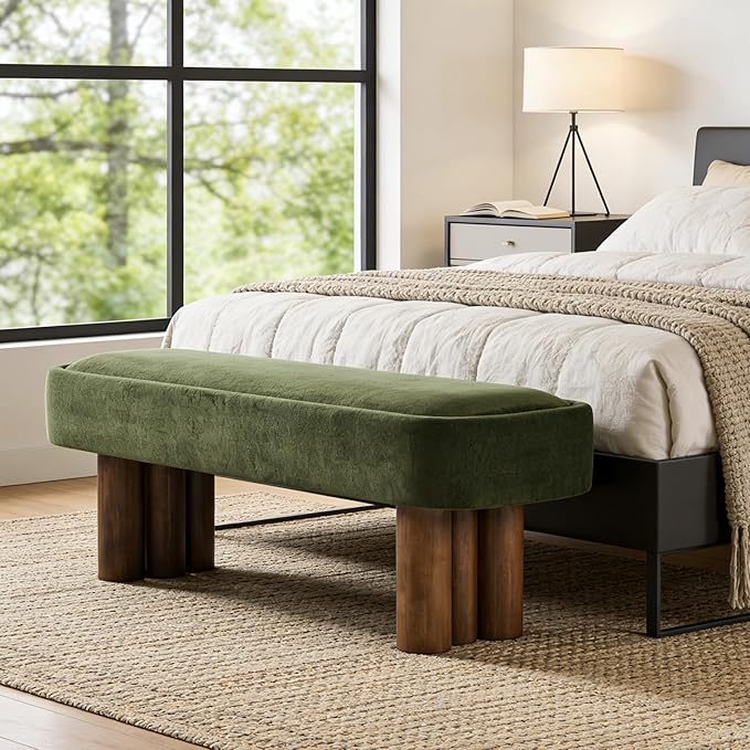 Christopher Knight Home Damas Fabric Upholstered Dining Bench, Wooden Entryway Bench, Long Sofa Footstool for Living Room, Bedroom End of Bed Bench, Olive Green+Walnut