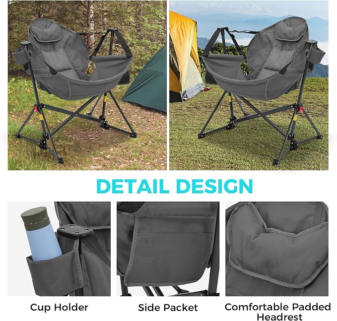 Ainfox Hammock Camping Chair, Foldable Portable Rocking Chairs for Adults Outside Swinging Camp with Cup Holder Pillow for Outdoor Patio Poolside (Grey)