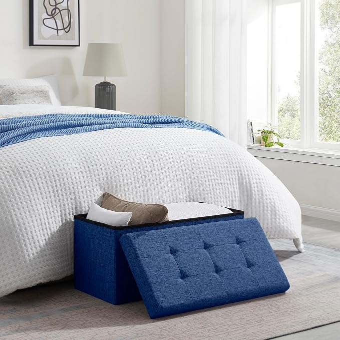 Ornavo Home Folding Storage Ottoman, 30 Inch Large Storage Bench with Lid, Foot Rest Stool for Bedroom, Living Room, Entryway, Tufted Linen Upholstered - Navy Blue