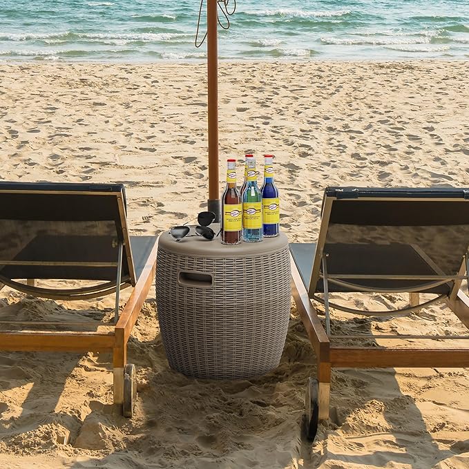 EasyUp 9.5 Gallon Outdoor Cooler Table, Wicker Round Ice Bucket for Parties, Rattan Bar Table with Top Lid Side Handles Drainage Plug, Beer Wine Cooler Side Tables for Patio, Poolside, Deck, Grey