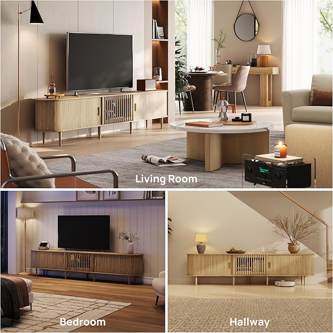 94.5" Fluted Mid Century Modern TV Stand for TVs Up to 80/85/86/90/98/100", Tambour Sliding Doors Entertainment Center with Storage&LED, Curved Media & TV Console Long TV Stands for Living Room, Oak