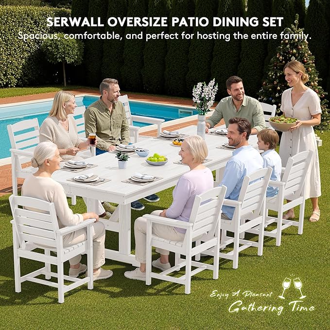 SERWALL Outdoor Large HDPE Dining Table, 84" Rectangular Dining Table for 6-8 Person, All Weather HDPE Outdoor Furniture for Backyard, Garden, White