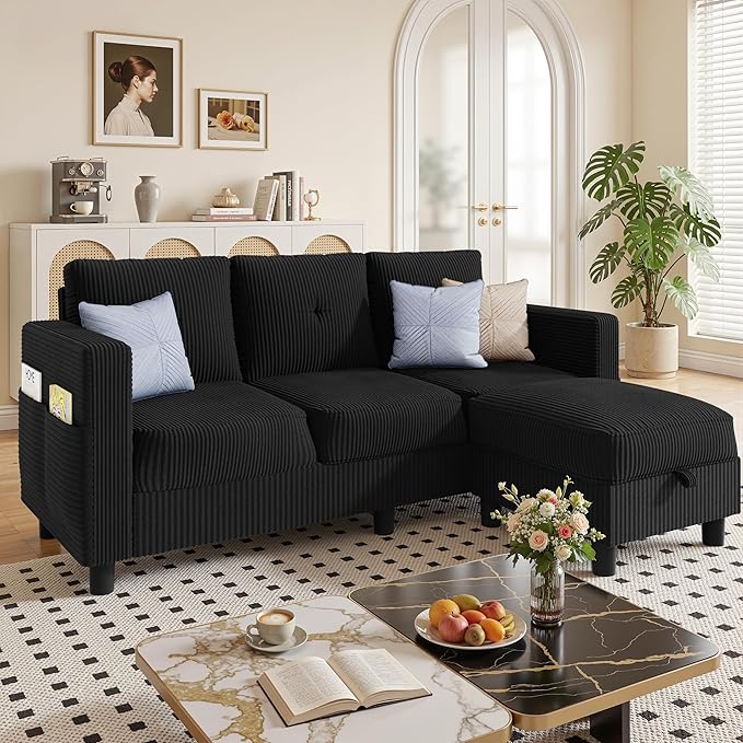 JAMFLY Convertible L-Shaped Sectional Sofa with Reversible Storage Ottoman, 3-Seat Couch with Side Pockets, Modern Compact Furniture for Small Apartments, Studios & Lofts, Black