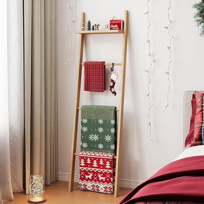 63" Bamboo Blanket Ladder with Shelf and 5 Hooks, 4 Tier Leaning Blanket Rack, Farmhouse Towel Ladder Rack, Decorative Quilt Rack Holder for Living Room Bedroom Bathroom, Natural Wood