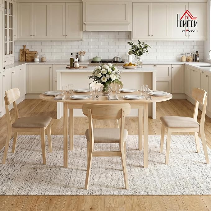 HOMCOM 55" Solid Wood Kitchen Table for 4-6 People, Oval Drop Leaf Tables for Small Spaces, Folding Dining Table, Natural