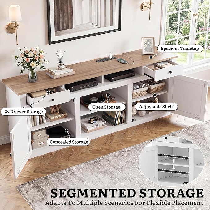 YITAHOME 70" Farmhouse TV Stand for 75/80 Inch TVs, Entertainment Center with Drawers, Adjustable Shelves & Built-in Power Outlet, Stable Anti-Tip TV Console Cabinet for Living Room, White+Walnut Top