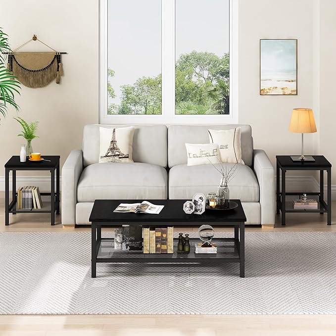 AWQM Coffee Table Set of 3, Industrial Coffee Table with 2 Square End Side Tables, Modern Living Room Table Set with Metal Frame for Apartment Home Office, Black