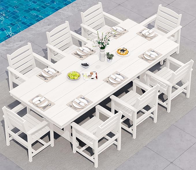 SERWALL 9 Piece Outdoor Dining Set, 84" HDPE Outdoor Table and Chairs for 8，All Weather Patio Furniture Set with Umbrella Hole for Backyard, Garden, White