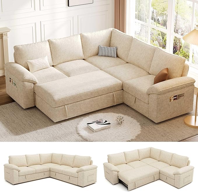 85 Inch Modular Sectional Sofa with Pull Out Bed, L Shaped 5 Seat Sectional Sleeper Sofa with Storage, Sectional Couches for Living Room, Cloud Modular Couch, Removable Sofa Cover, Beige