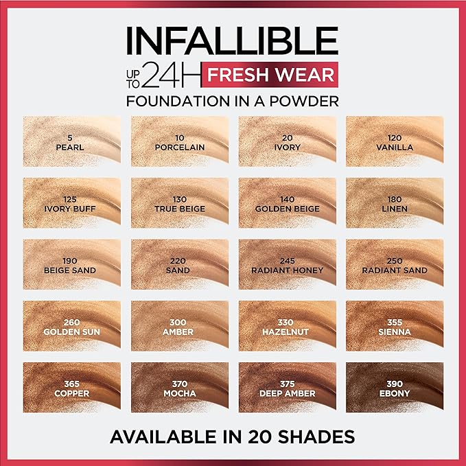 L'Oreal Paris Makeup Infallible Fresh Wear Foundation in a Powder, Up to 24H Wear, Waterproof, Beige Sand, 0.31 oz. (Packaging May Vary)