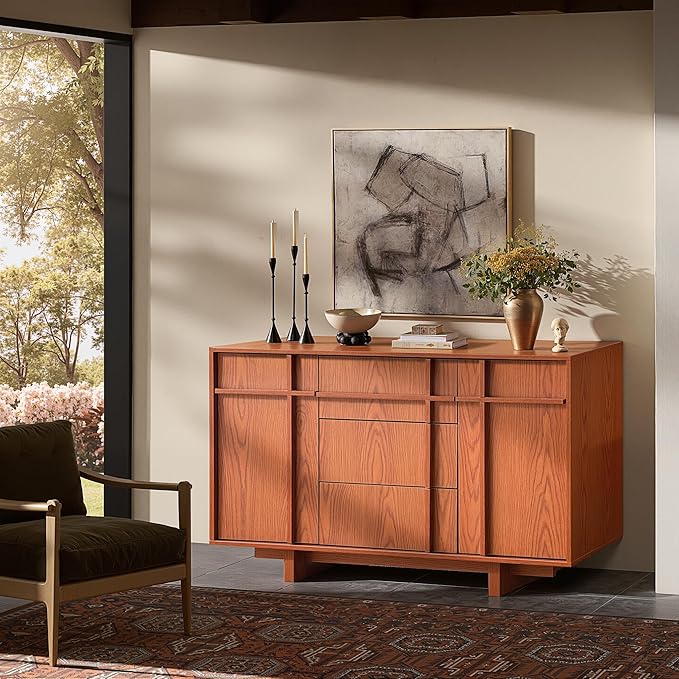 Sideboard Buffet Cabinet with Storage, 47.2" Large Sideboard with 2 Doors&3 Drawers, Mid Century Modern Credenza with Skeleton line&Wood Grain for Living Room, Kitchen and Entryway, Cherry