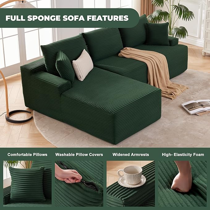 Mangodan Cloud Sectional Couch, Modular Sectional Sofa for Living Room, Fluffy Comfy Couch with L-Shaped Chaise, Boneless Sofa with Deep Seat, No Assembly Required, Green