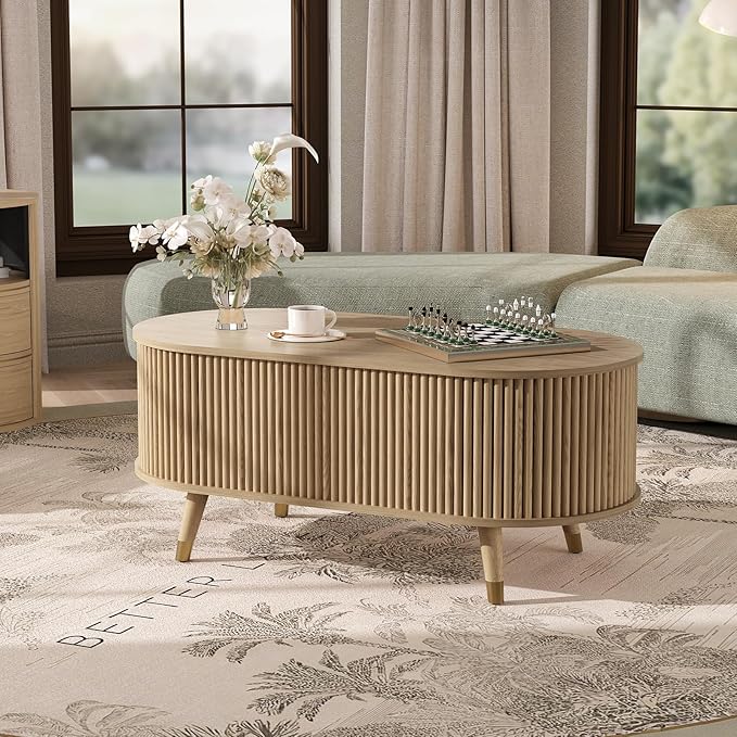 JOINICE 42.5" Oval Lift Top Coffee Table with Storage, Modern Oak Center Table with Fluted Design, Solid Wood Legs & Hidden Compartment, Pop Up Coffee Table for Living Roomm