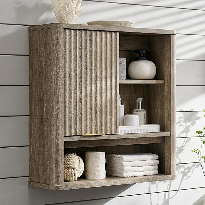 RedLemon Bathroom Wall Cabinet with Fluted Sliding Door, Modern Medicine Cabinet with Adjustable Shelf, Curved Profile Wall Mounted Storage Organizer, Grey Alder