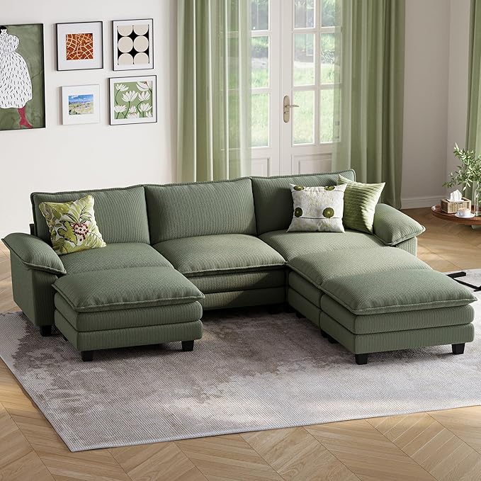 LINSY HOME 123" Modular Sectional Sofa, 3-Seat Corduroy Modern Cloud Couch with Deep Seat & 3 Movable Ottoman, Perfect for Living Room, Office, Bedroom, Green