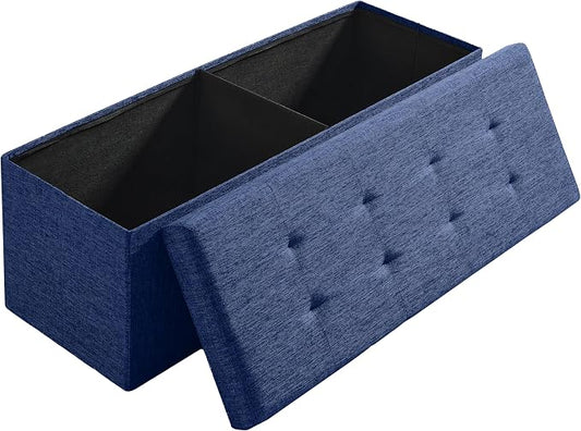 Ornavo Home Folding Storage Ottoman, 43 Inch Extra Large Storage Bench with Lid, Foot Rest Stool for Bedroom, Living Room, Entryway, Tufted Linen Upholstered - Navy Blue