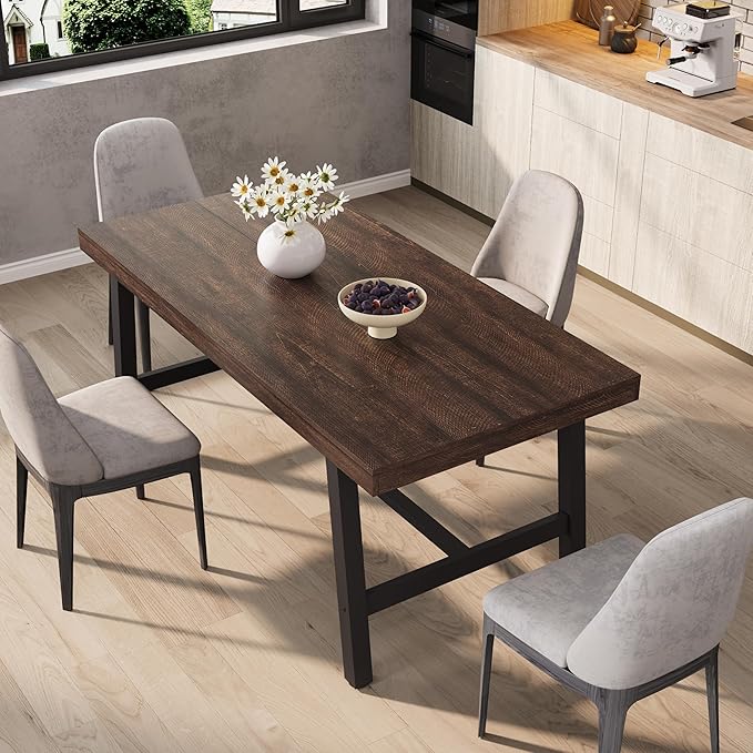 GarveeHome Industrial Dining Table for 4-6 People, 63" Long Kitchen Table with Sturdy Metal Frame, Rectangular Counter for Dinner, Kitchen, Dining Room (Rustic Birch, 63" Non-extendable)