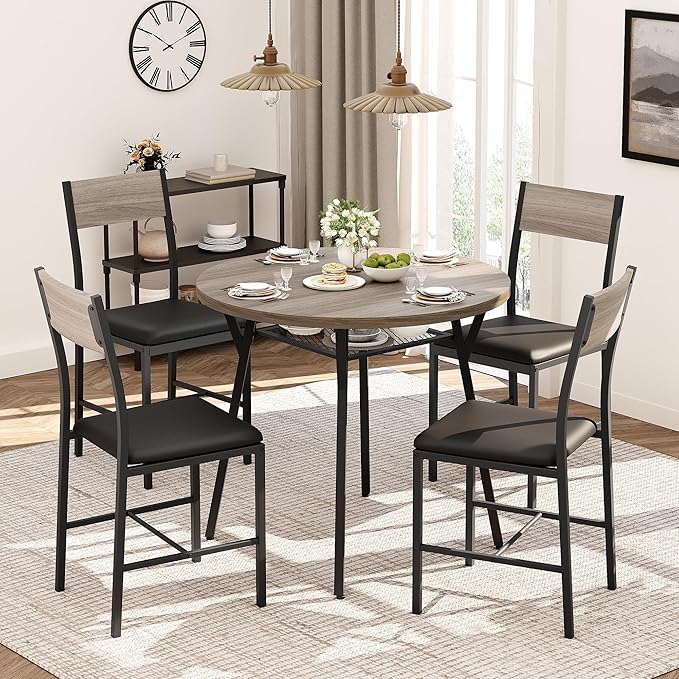 Pamapic Round Dining Table Set for 4, Kitchen Table and Chairs for 4, Dining Room Circle Dinner Pedestal Table, Solid Metal Frame, Space Saving Wood Small Kitchen & Dining Room Furniture, Gray