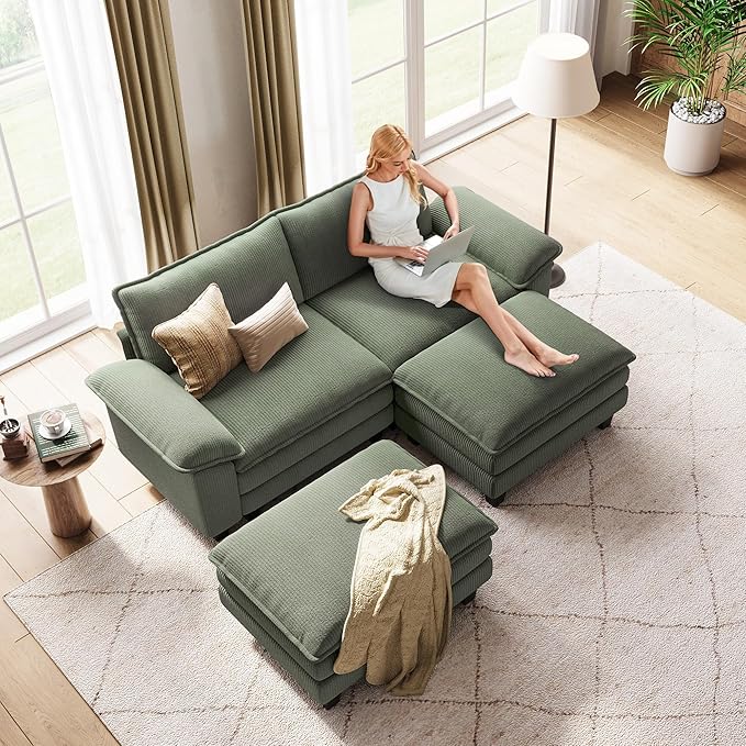 LINSY HOME 90" Modular Cloud Love Seat Sofa, Corduroy Soft Sectional Couch, Modern Comfy Love Seat with 2 Movable Ottoman, Perfect for Living Room, Apartment, Office, Green