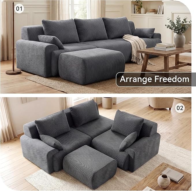 GRUSIGN 118'' Sectional Boneless Oversize Modular Couches, Curved Cloud Sectional Couches for Living Room,Rounded Corner Design L Shape Deep Seat Family Sofa with Ottoman & 3 Throw Pillows, Grey