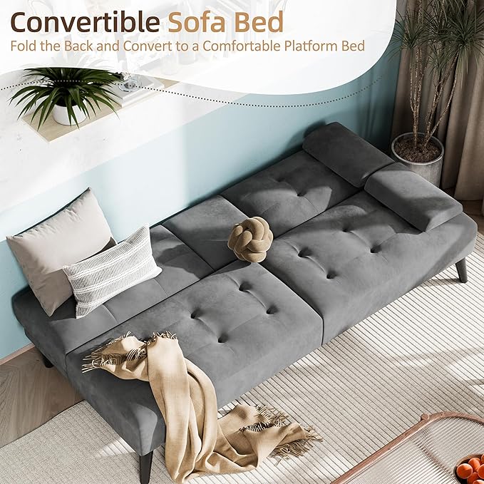 Shintenchi Futon Sofa Bed, Velvet Foldable Couch, Reclining Sleeper with Removable Armrests, Upholstered Loveseat Sofa Couch with Folding Cup Holders for Home, Office, Dark Grey