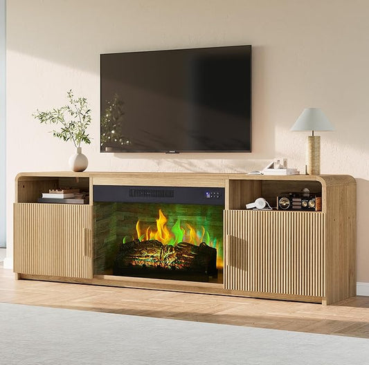 AMERLIFE 70" Fluted Fireplace TV Stand for TVs Up to 80", Modern TV Console with 30" Electric Fireplace & Storage Cabinets, Media Entertainment Center for Living Room, Natural Oak