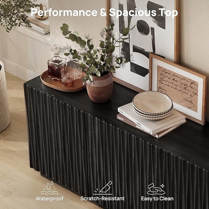 CHIC HOUSE 70" Fluted Mid Century Modern Buffet Cabinet with Storage, Farmhouse Storage Sideboard Cabinet with Doors, Accent Cabinet & Media Console for Living Room, Entryway, Black Walnut