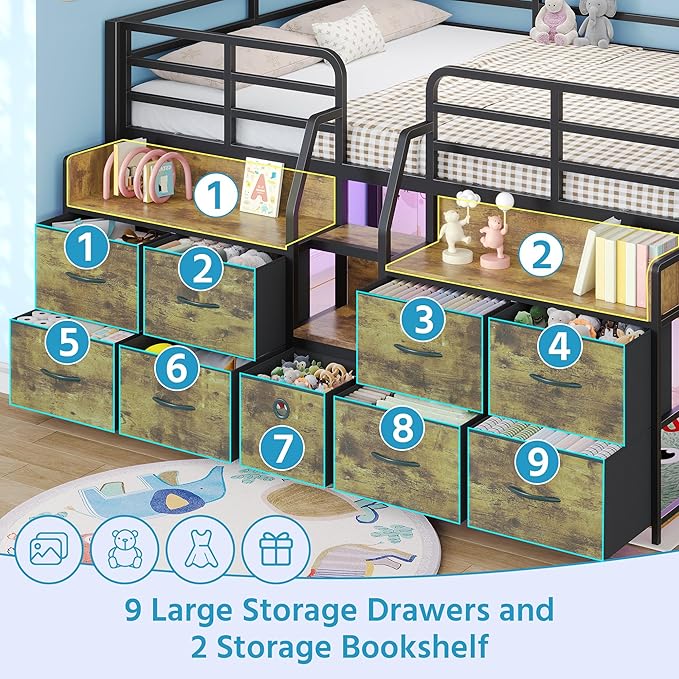Dnxao Low Loft Bed Full Size with 9 Drawers and 2 Bookcases, Bed Frame for Kids with Charging Station & LED Lights, 15" H Safety Guardrail Metal, Under-Bed Play Space, Vintage Brown