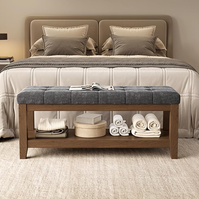 ABHENG Solid Rubber Wood Shoe Bench, Soft Chenille Material Upholstered Seat, 770LB Load Capacity, Multi-Storage for Entryway/Bedroom/Living Room, Vintage Style, 43.3"x15.7"x17.7", Dark Gray,UASND65G