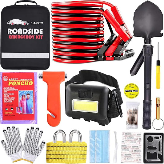 LIANXIN Emergency Car Kit - Premium Roadside Assistance Kit for Cars with Jumper Cables, Headlamp, Folding Shovel & Tow Strap All-in-One Vehicle Safety Kits for Winter, Travel, Survival (Men & Women)