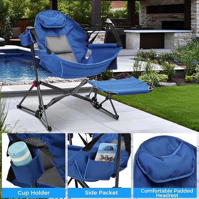 Ainfox Hammock Camping Chair with Footrest, Oversized Folding Swinging Chair for Adults, Rocking Portable Camp with Cup Holder Pillow for Outdoor Patio Lawn Poolside (Cobalt Blue)