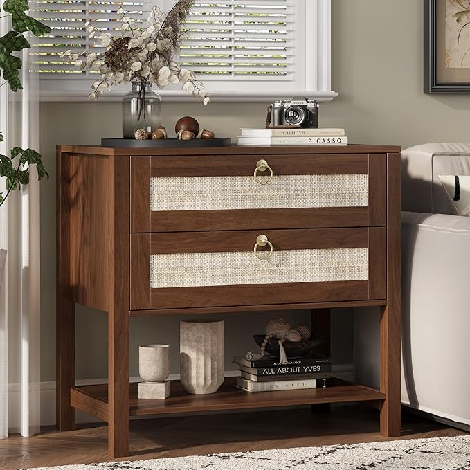 Xixini Nightstand wih 2 Drawers & Open Shelf, 27" Wide Rattan Boho Bedside Table with Brass Knobs, Small Mid Century Modern Night Stand, Wooden End Side Table for Bedroom, Living Room, Closet, Walnut
