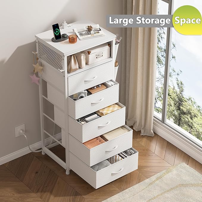 EnHomee Tall Nightstand Set of 2, Bedside Table with Charging Station and LED Light, Night Stand with Extra Side Bag & Hooks, Bedroom, Closet, Hallway, Entryway, White