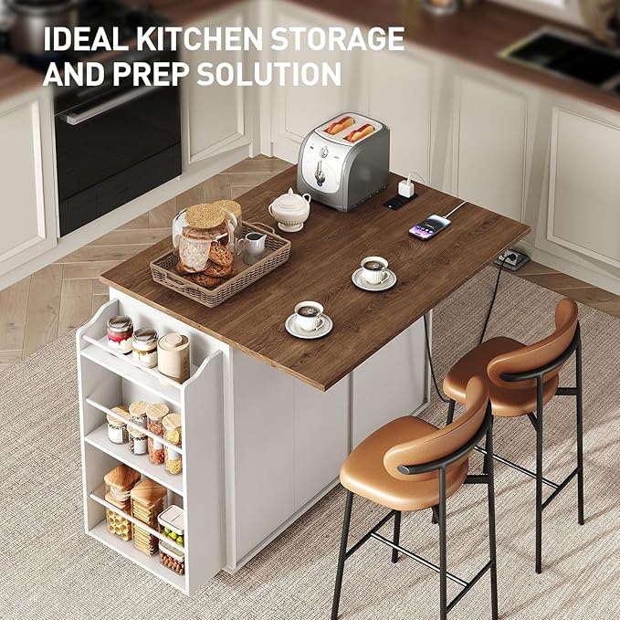 RALGEND Kitchen Island with Power Outlet & Drop Leaf, Mobile Rolling Cart with Trash Can Storage, 3-Tier Spice Rack, Island Table for Kitchen, Dining Room, White and Walnut