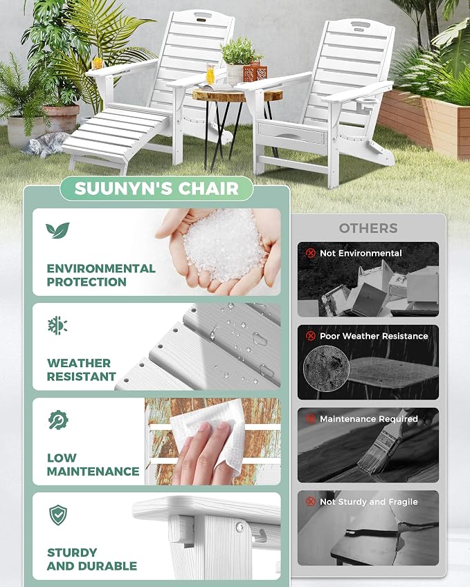 Adjustable Adirondack Chairs Set of 4 with Retractable Ottoman, HDPE Folding Adirondack Chair with Cup Holders, Weather Resistant for Backyard, Poolside & Fire Pit (White)