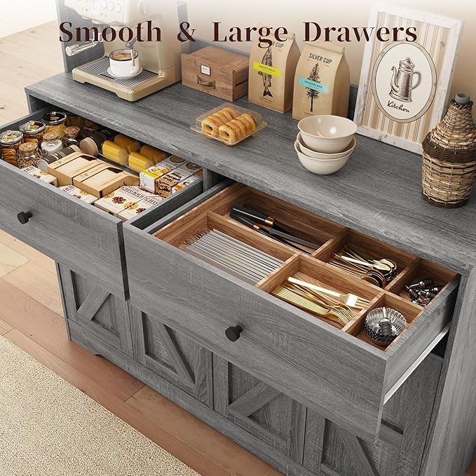 71" Kitchen Pantry Cabinet with Charging Station, Pantry Storage Cabinet Farmhouse Kitchen Hutch with Microwave Stand, Coffee Bar Station with Doors and Adjustable Shelves for Kitchen, Grey