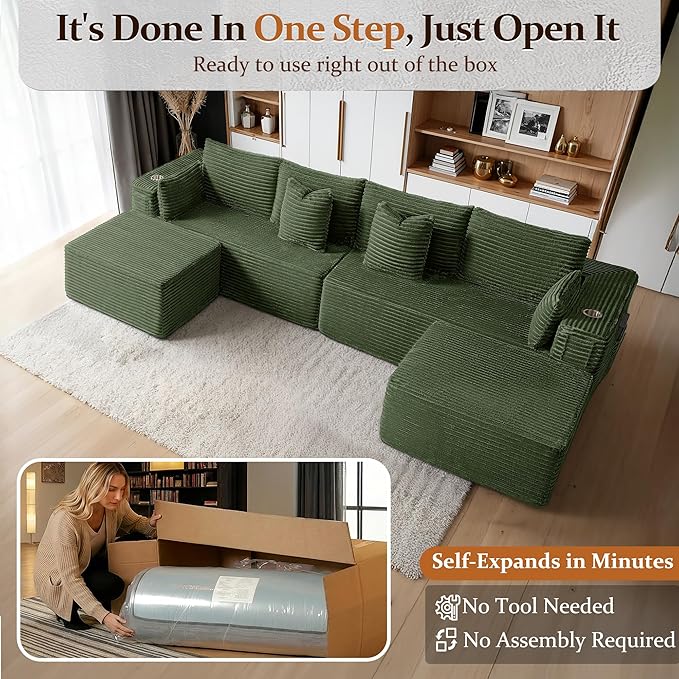 138" Cloud Sectional Couch, Comfort U Shaped Sofa for Living Room, Extra Deep Seats No Assembly, Minimalist Modular Couch, Corduroy (Olive Green, 6 Seats,U-Shape A)