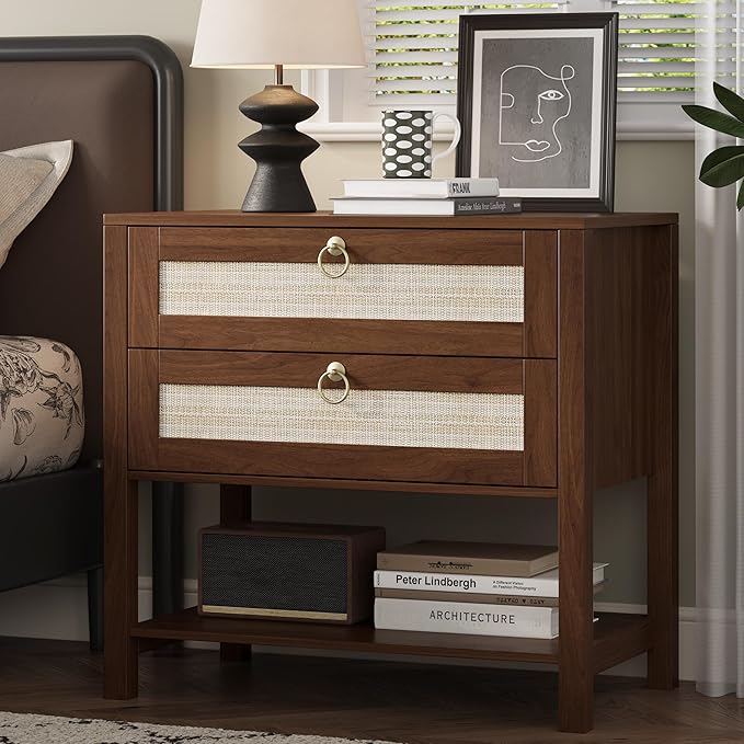 Xixini Nightstand Set of 2, Rattan Boho Bedside Table with 2 Drawers, Open Shelf & Brass Knobs, Small Mid Century Modern Night Stand, Wooden End Side Table for Bedroom, Living Room, Closet, Walnut