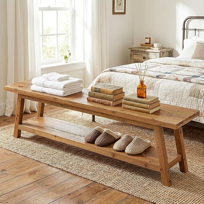 63” Wood Dining Room Bench, Farmhouse Kitchen Bench with Storage Shelf, Solid Wood Rusit Backless Bench for Dining Table, Extra Long Seating for Kitchen Room