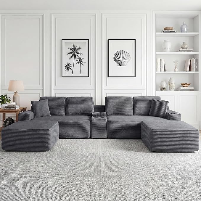 125 Inch Modular Sectional Sofa, Modern Oversized Corduroy Cloud Couch with 2 Ottomans, Cup Holders and USB Ports, U Shape Couch Boneless Couches for Living Room, No Assembly Required, Grey