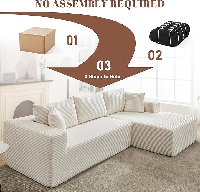 Mangodan 110” Cloud Sectional Couch, Boneless Sofa for Living Room, Modular Sectional Sofa with Deep Seat, Comfy Fluffy Couch with L-Shaped Chaise, No Assembly Required, Beige