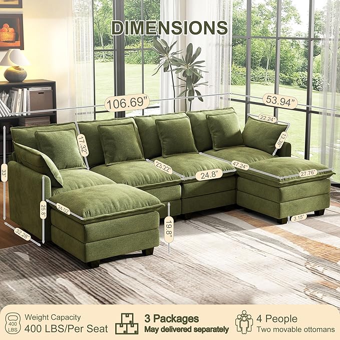 107" Cloud Couch Sectional, U Shaped Modular Sectional Sofa, 4-Seat Deep Seat Couch with 6 Removable Washable Pillows and 2 Ottoman for Living Room, Bedroom, Apartment, Green