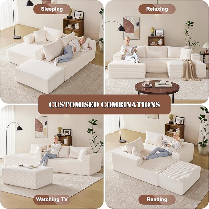 Mangodan 110” Cloud Sectional Couch, Modular Sectional Sofa with Deep Seat, Boneless Sofa for Living Room, Fluffy Comfy U-Shaped Couch with Left Facing Chaise, No Assembly Required, Beige