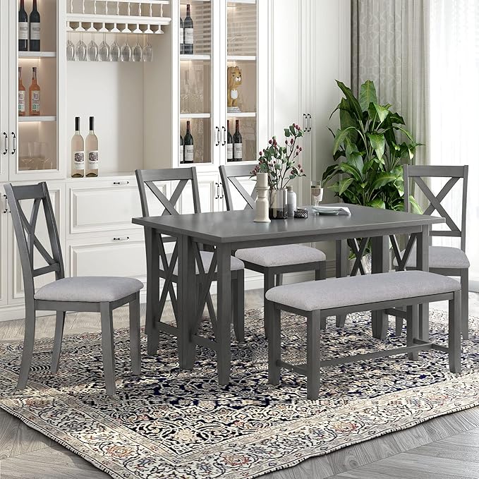 Harper & Bright Designs 6-Piece Family Dining Room Set Solid Wood Space Saving Foldable Table and 4 Chairs with Bench for Dining Room (Gray)