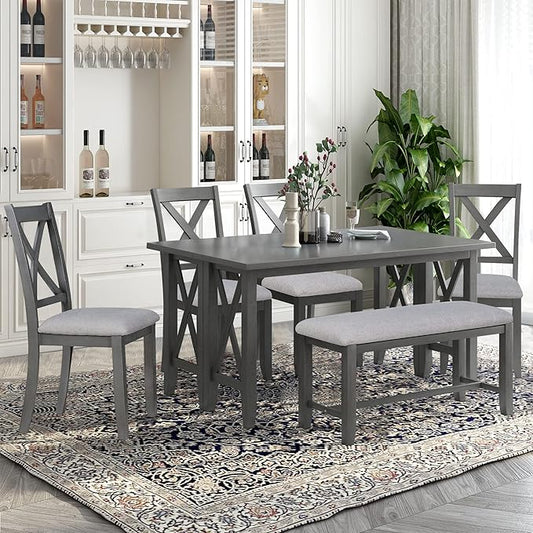 Harper & Bright Designs 6-Piece Family Dining Room Set Solid Wood Space Saving Foldable Table and 4 Chairs with Bench for Dining Room (Gray)