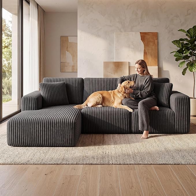 GRUSIGN 107'' Cloud Sectional Boneless Couches for Living Room, Modular L Shaped Couch with Deep Seat Oversized Left Facing Chaise, Memory Foam Compressed Spineless 3 Seater Sofa, Wide-Striped Grey