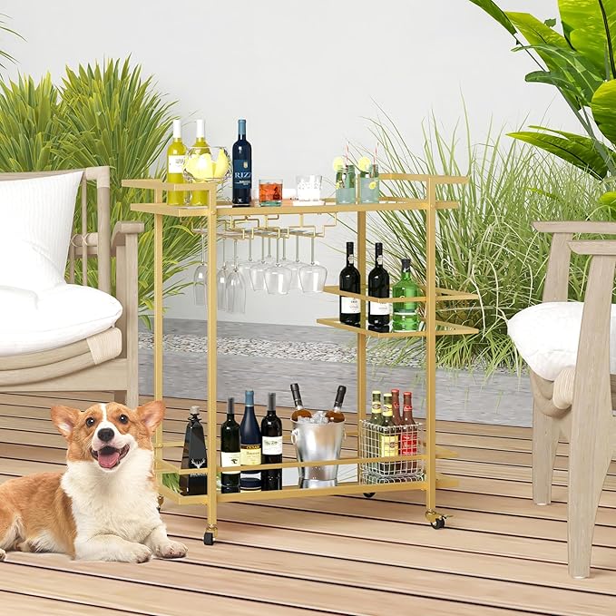 Gold Home Bar Cart, 2-Tier Glass Shelves Rolling Wine Cart with Wheels and Wine Holders, Modern Mobile Serving Trolley for Living Room Dining Room
