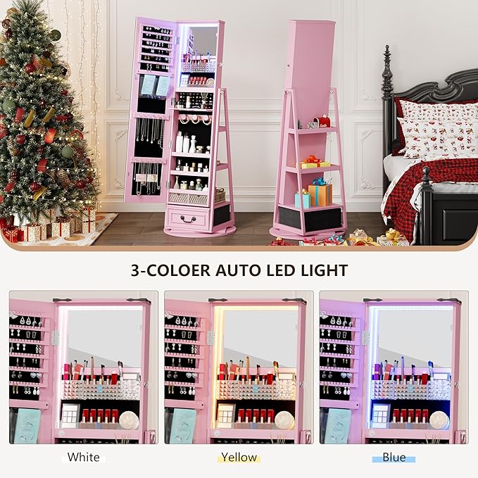 HWB Standing Full-Length Mirror Jewelry Armories, Jewelry Organizer with LED Lights 360° Swivel, Lockable Jewelry Cabinet, Jewelry Storage with Shelves & Stable Base Pink