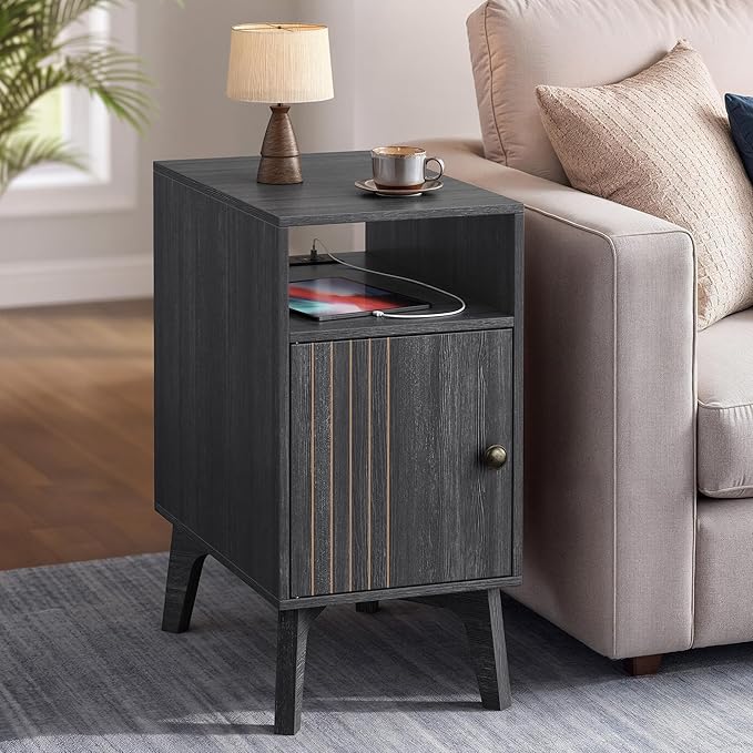 VASAGLE MAEZO Collection - End Table with Charging Station, Narrow Side Table, Nightstand with Tapered Legs, Curved Transitions, for Small Spaces, Living Room, Bedroom, Charcoal Gray ULET329B101S